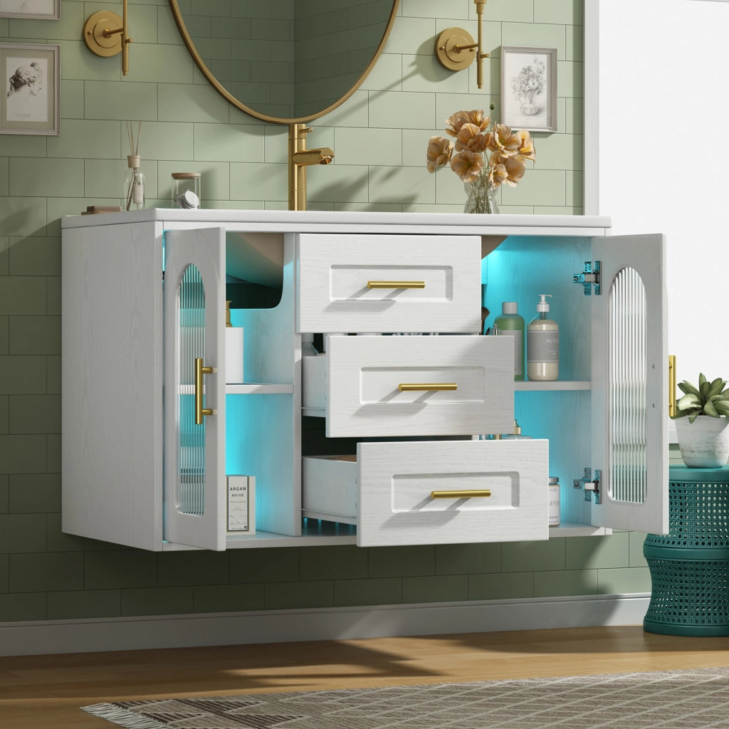 Mobile bagno sospeso con 2 cassetti; 2 ante e ripiani regolabili con LED e lavabo; per bagno; 76×46×55 cm; bianco