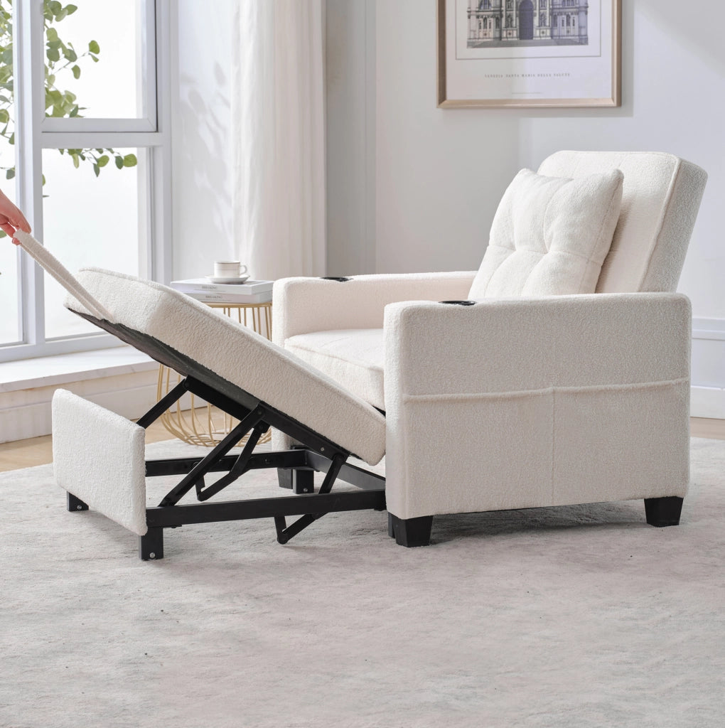 Poltrona letto 3 in 1 87x74x84 cm bianca con USB e portabicchieri, legno e metallo