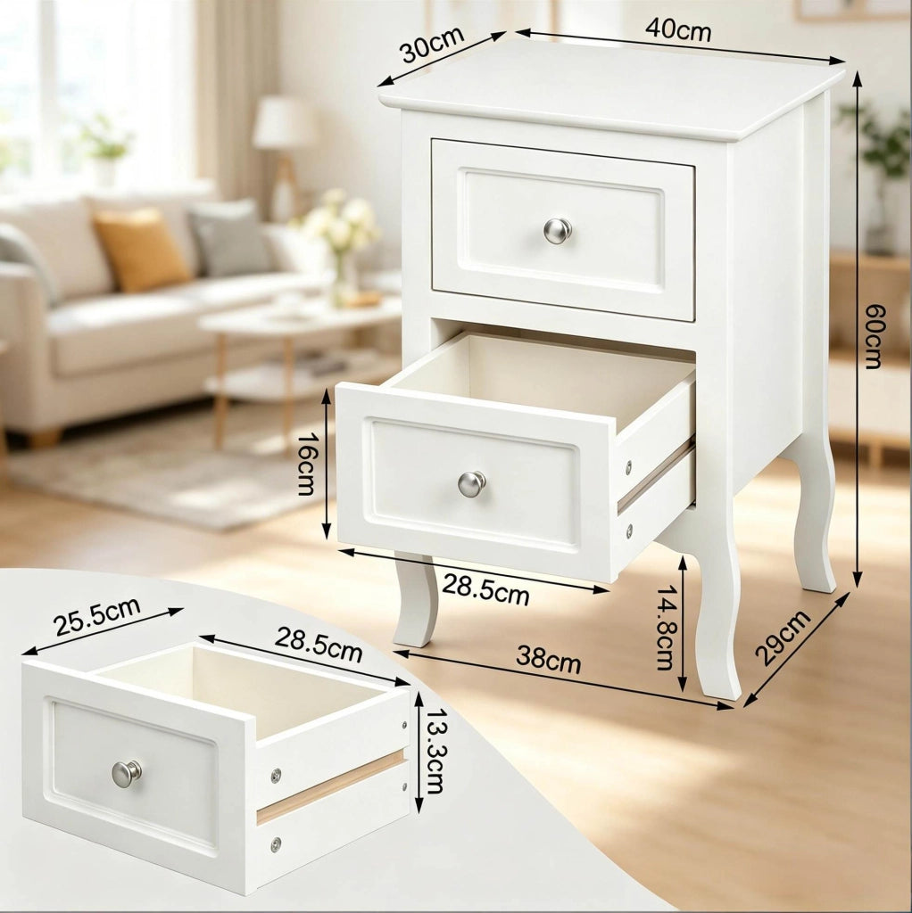 Comodino ULEVR 40x30x60 cm con 2 cassetti, MDF laccato bianco e maniglie in metallo