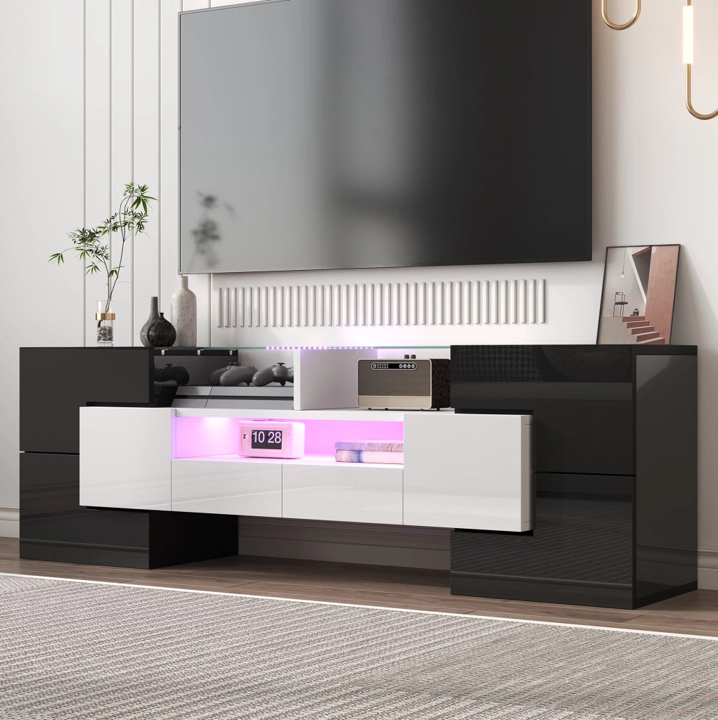 Mobile TV moderno con LED multicolore; 145 cm; bianco lucido e nero