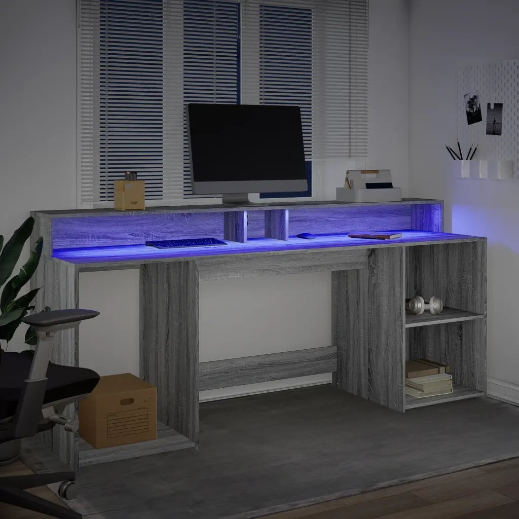 Scrivania | Tavolo da Ufficio con Luci LED Grigio Sonoma 200x55x91cm in Truciolato