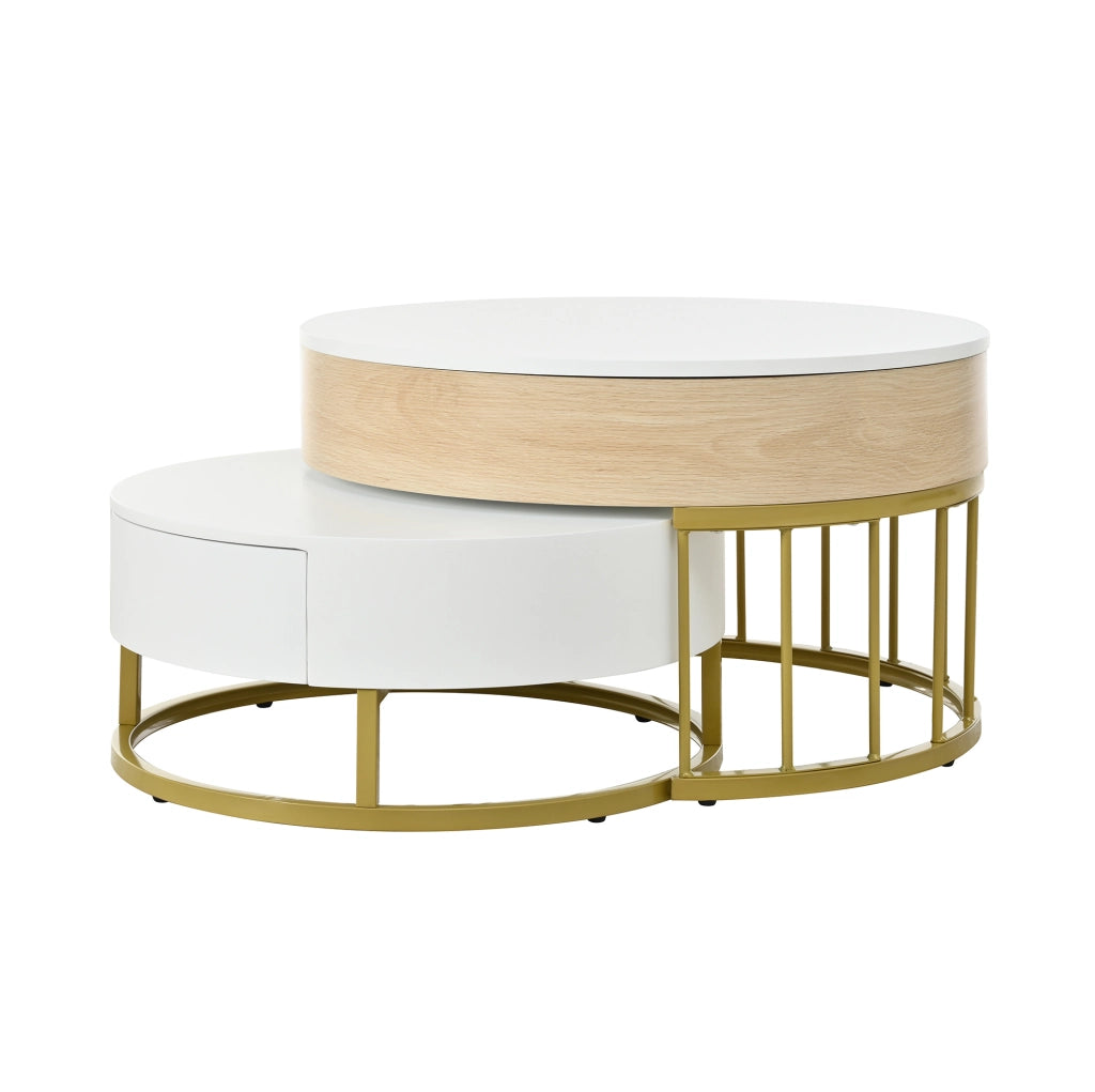 Tavolino da salotto rotondo con piano sollevabile e cassetto; 70/60 cm; bianco e oro