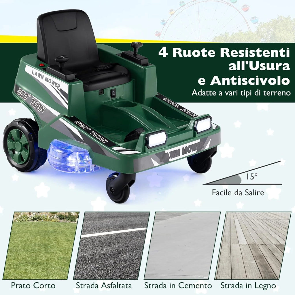 12V Macchina Elettrica per Bambini, Auto Elettrica con 2 Leve di Controllo, Luci LED, Simulazione di Taglio dell'Erba e Sterzate a 360°, Tosaerba Giocattolo per Bambini 3-8 Anni (Verde)