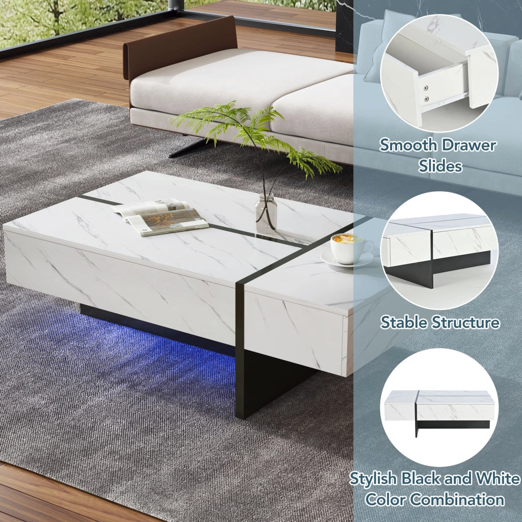 Tavolino basso con LED controllato da app e tre cassetti piano lucido effetto marmo bianco 105 × 60 × 35 cm