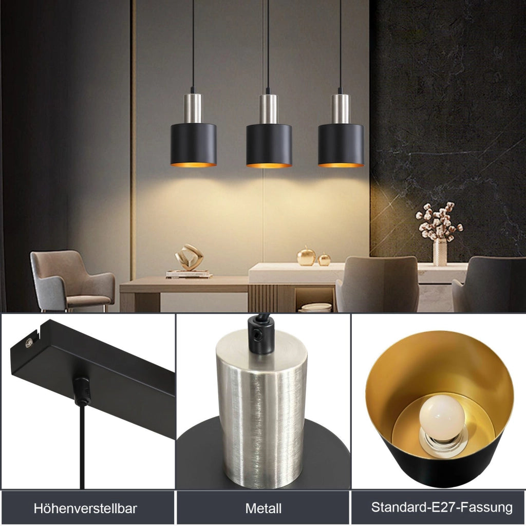 Lampada a Sospensione ZMH vintage 3 luci nero altezza regolabile E27 per isola cucina e sala da pranzo senza lampadina