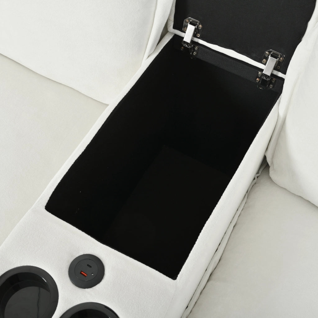 Divano modulare con vano contenitore, porte USB, portabicchieri, 2 pouf e 2 cuscini, in Chenille Beige