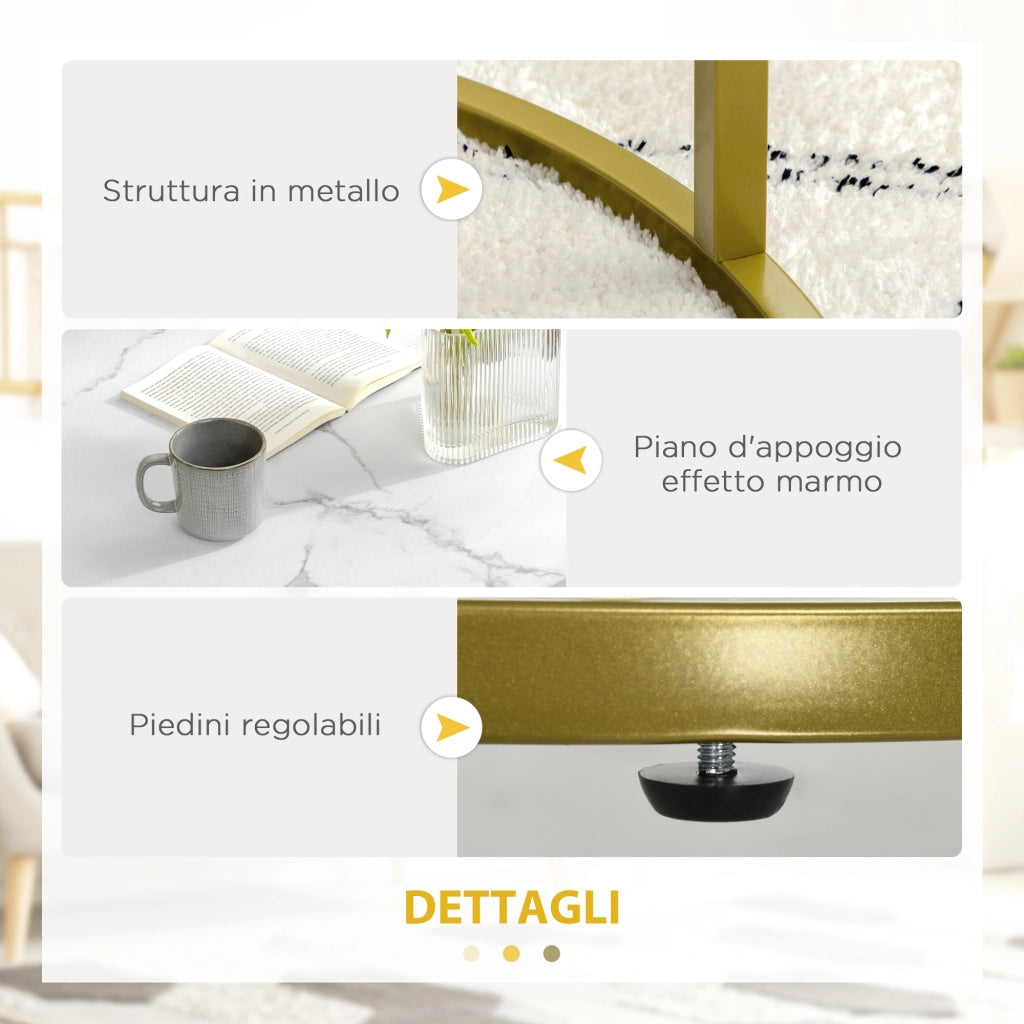 Set 2 Tavolini da Salotto Rotondi e Impilabili in Acciaio e Truciolato, ?74x46.3 cm e ?59x38.5 cm, Bianco e Oro