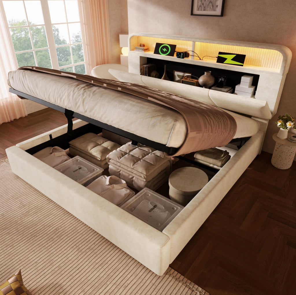 Letto imbottito contenitore 180x200 cm beige con LED e USB-C