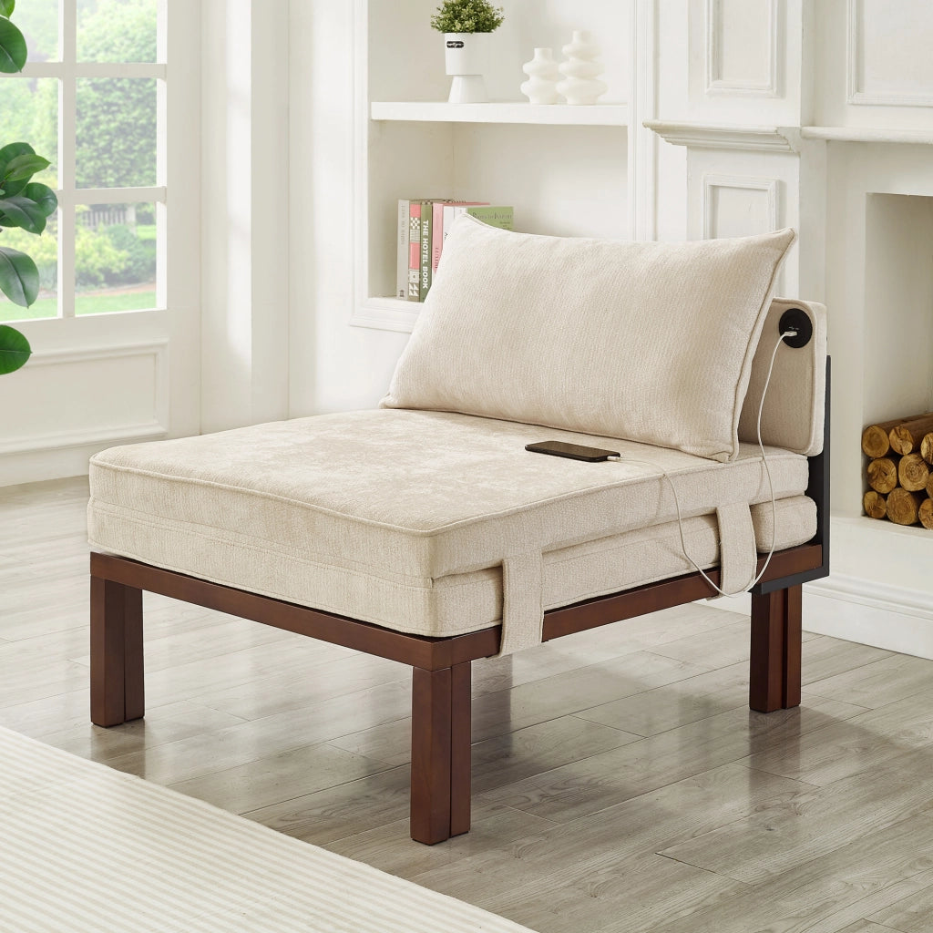 POLTRONA LETTO Estraibile Singolo Beige in Velluto con porte USB/Type-C