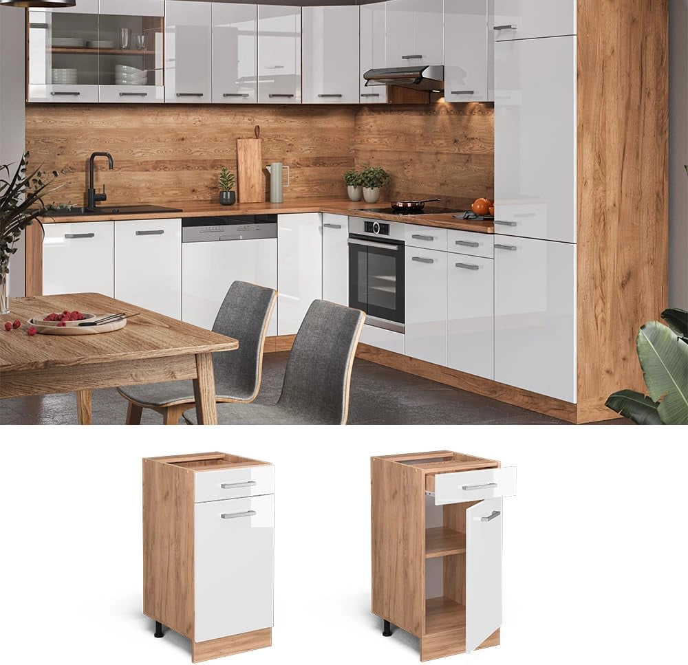 Mobiletto base per cucina R-Line, Bianco lucido, 40 cm senza piano di lavoro, per la libera combinazione all'interno di sistemi cucina modulari