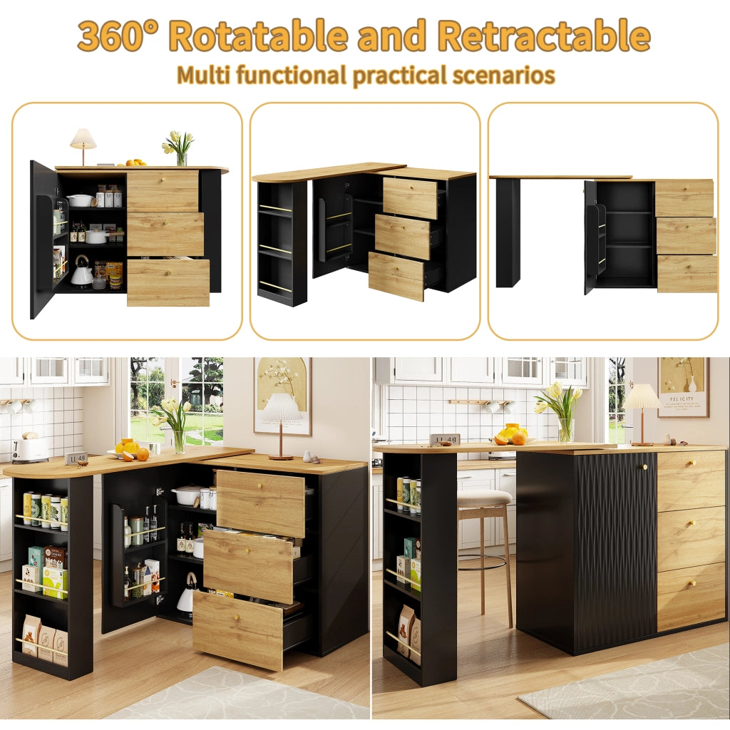 OKWISH Tavolo da Bar con 3 Cassetti e 5 Ripiani, Piano Girevole ed Estensibile, per Cucina e Soggiorno, Nero, 138-204×39×104 cm