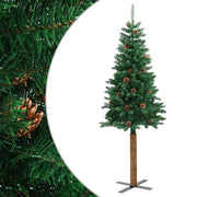 Albero di Natale | Decorazioni natalizie Sottile con Legno Vero e Pigne Verde 210cm PVC