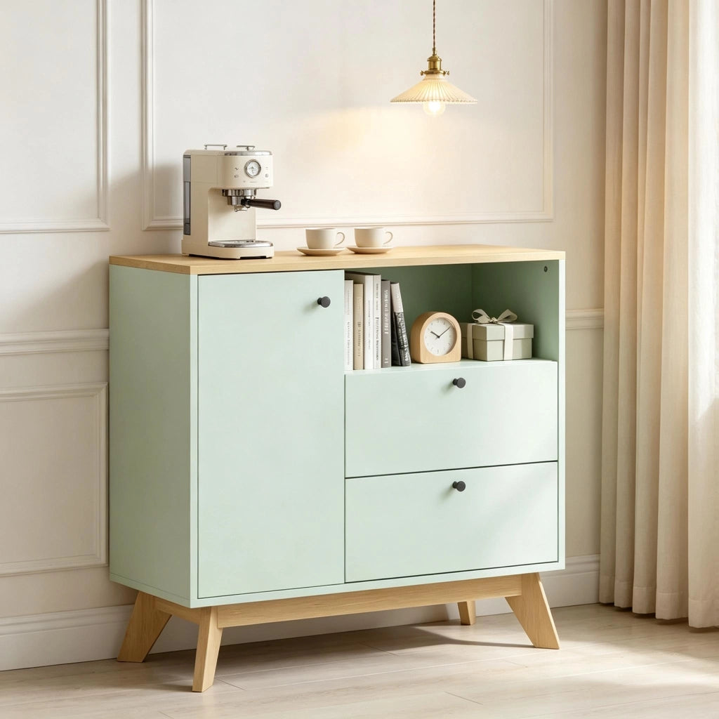 Credenza con 1 anta, 2 cassetti e vano aperto, ripiano regolabile, in MDF, verde chiaro, 80 × 35 × 76,3 cm