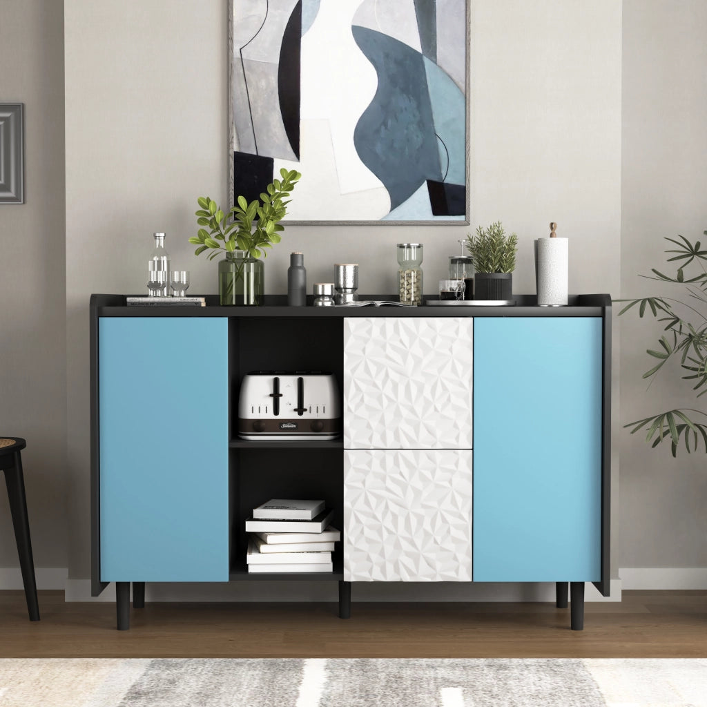 Credenza con 2 cassetti 2 vani aperti e armadietto in MDF nero e blu per cucina sala da pranzo 120 × 40 × 80 cm