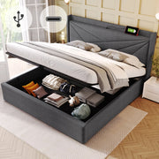 Letto matrimoniale contenitore con USB e Tipo-C, testiera geometrica, 160x200 cm, grigio