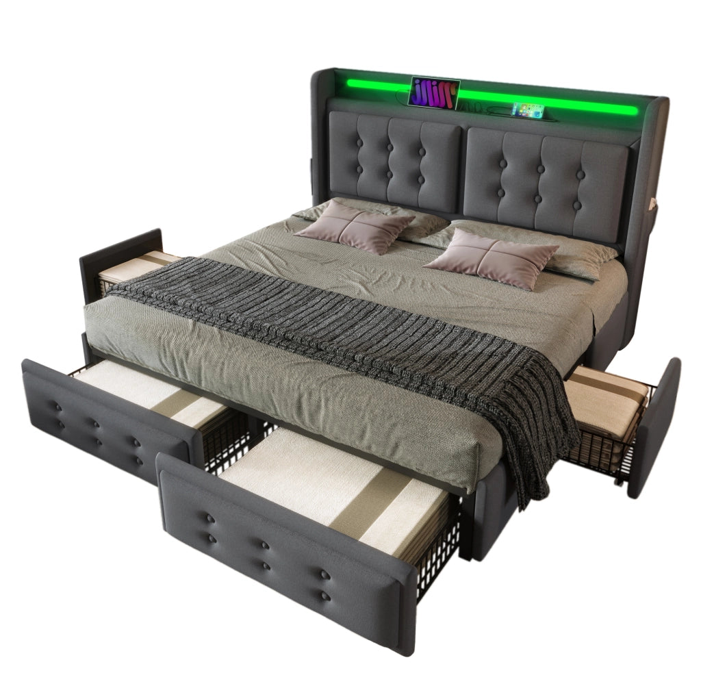Letto matrimoniale 180x200 cm con 4 cassetti; LED; USB e USB-C in cotone e lino grigio
