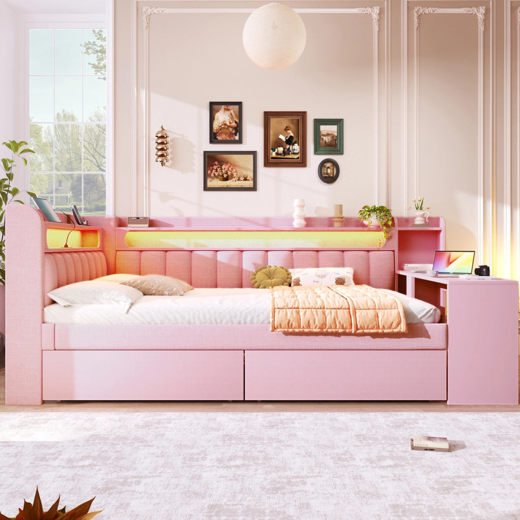 Letto daybed imbottito 140x200 cm rosa con LED, USB e scrivania