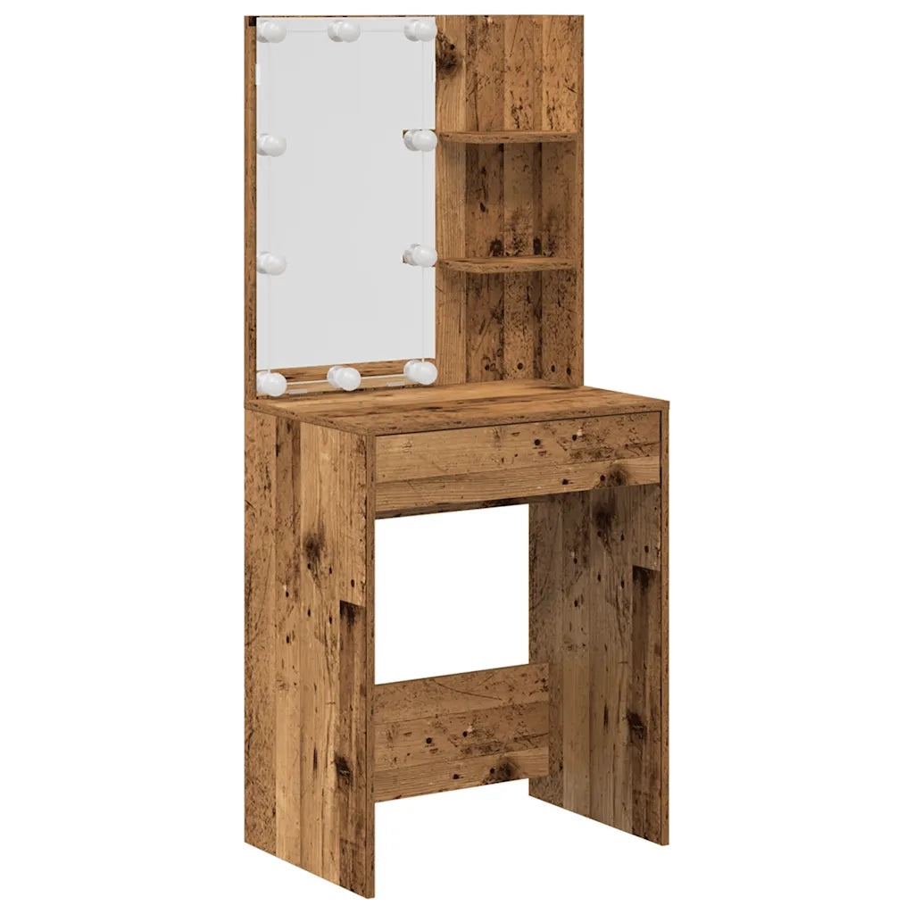 Set Tavolo da Toeletta | Tavolo da Trucco con LED Legno Antico Legno Multistrato