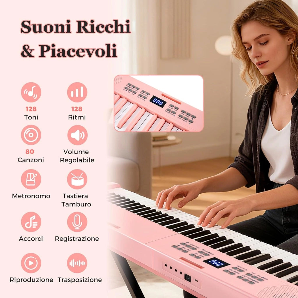 Tastiera Pianoforte Pieghevole a 61 Tasti, Tastiera Elettronica con Funzione MIDI, Cuffie, Pedale Sustain, Pianoforte Digitale Portatile per Principianti (Rosa)