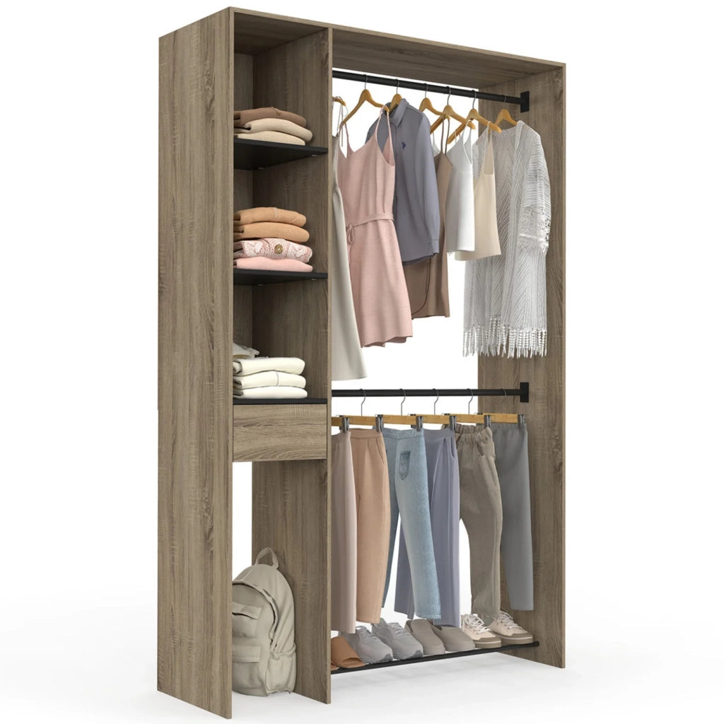 IDMarket - Armadio doppio MIRTY L. 110 cm con ripiani + cassetto + scarpiera, faggio e nero
