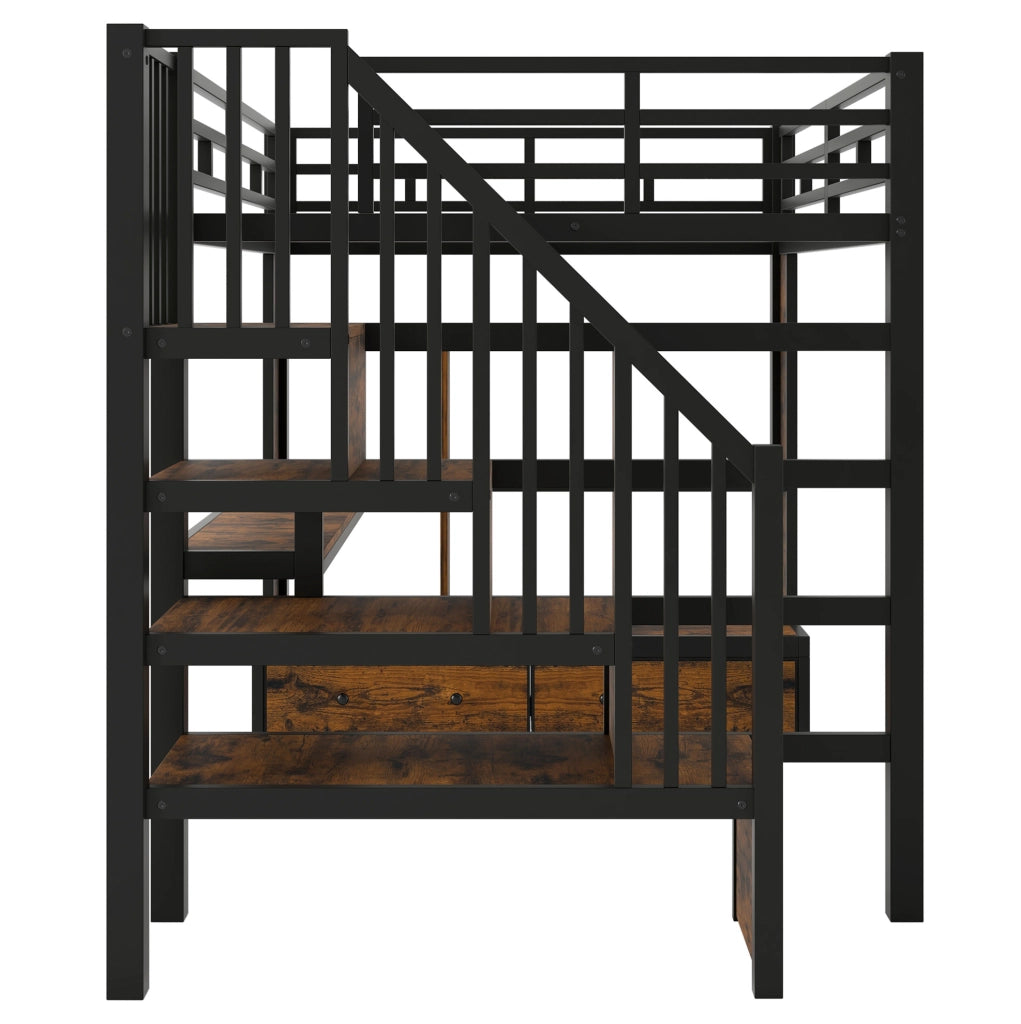 Letto a soppalco 140x200 cm con scrivania; libreria; cassetti e LED; nero in MDF e metallo