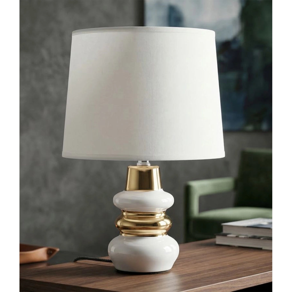 Lampada da tavolo Liara Bianca e Oro in ceramica con paralume in tessuto — Ø 23×32 cm