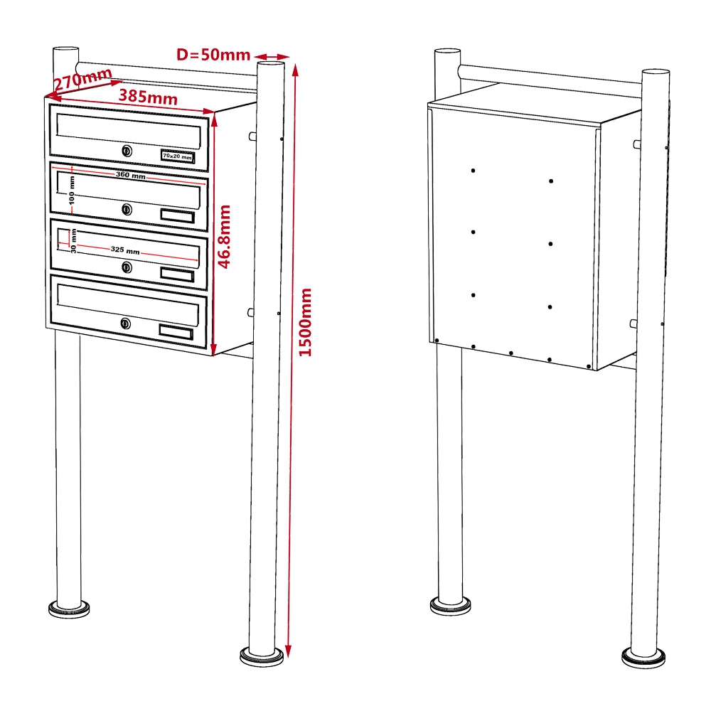 Cassetta postale condominiale autoportante 4 posti, 1 modulo, bianco 513 x 270 x 1500 mm