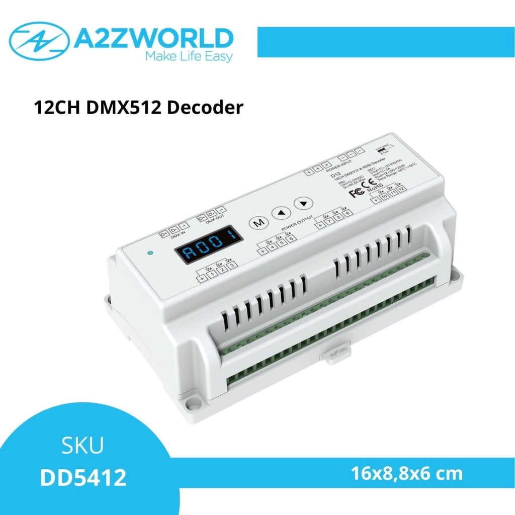 Decoder DMX512 RDM 12 Canali RGB a Tensione Costante, 12-24V DC, 5A per Canale, Totale 60A, PWM 500-32000Hz, Guida DIN, per Strisce LED RGB