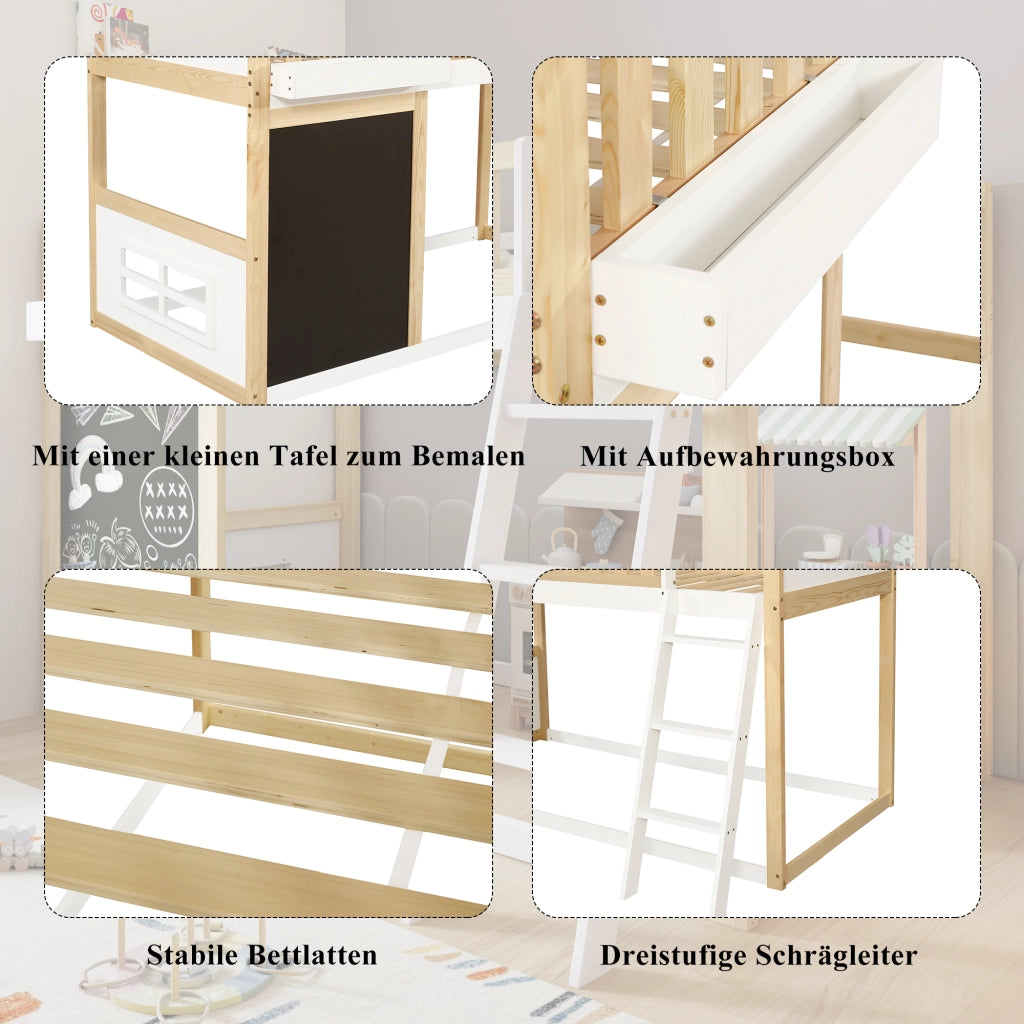 Letto a castello bianco e naturale in pino e MDF con lavagna scatola portaoggetti 90x200cm