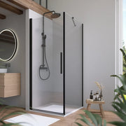 Box doccia 85x80cm con apertura a battente e parete fissa, profili nero opaco e vetro da 6mm trasparente h195 | Elba