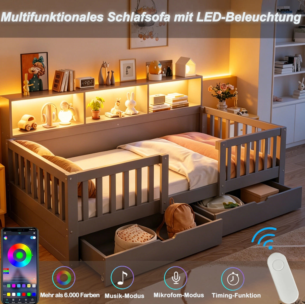 Letto per bambini 90x200 cm con sponda di sicurezza; cassetti; ripiani e LED; grigio