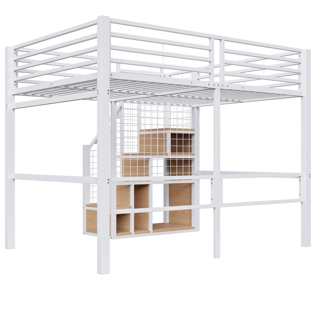 Letto a soppalco 140 × 200 cm con scala, contenitore integrato e barriera alta, senza materasso, in metallo, bianco