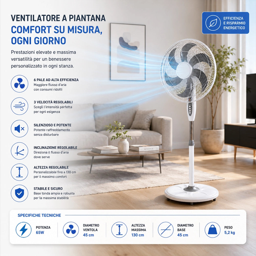 Ventilatore a Pianta Base Tonda Anti Ribaltamento Altezza 130 cm 65W e 6 Pale