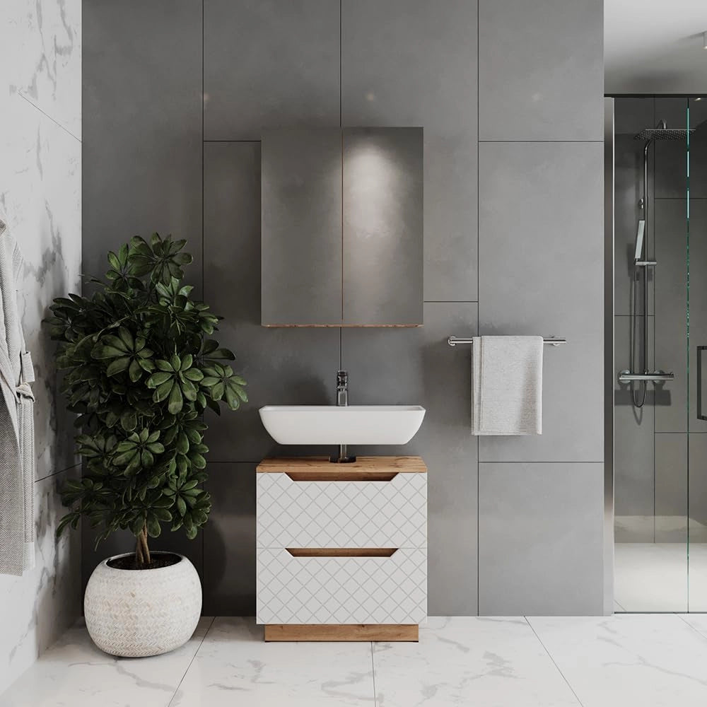 Set di mobili da bagno Lotta, Rovere/bianco con struttura in piastrelle, 2 parti