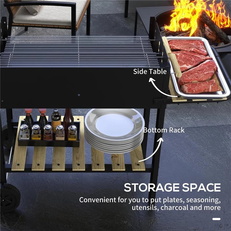 BARBECUE A CARBONELLA AD ALTEZZA REGOLABILE CON 2 GRIGLIE E 2 RIPIANI IN METALLO E LEGNO 113X53.5X82.5 CM NERA