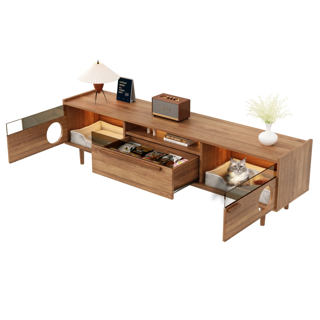 Mobile TV 180x40x50 cm con illuminazione LED e vano per gatti in MDF; noce