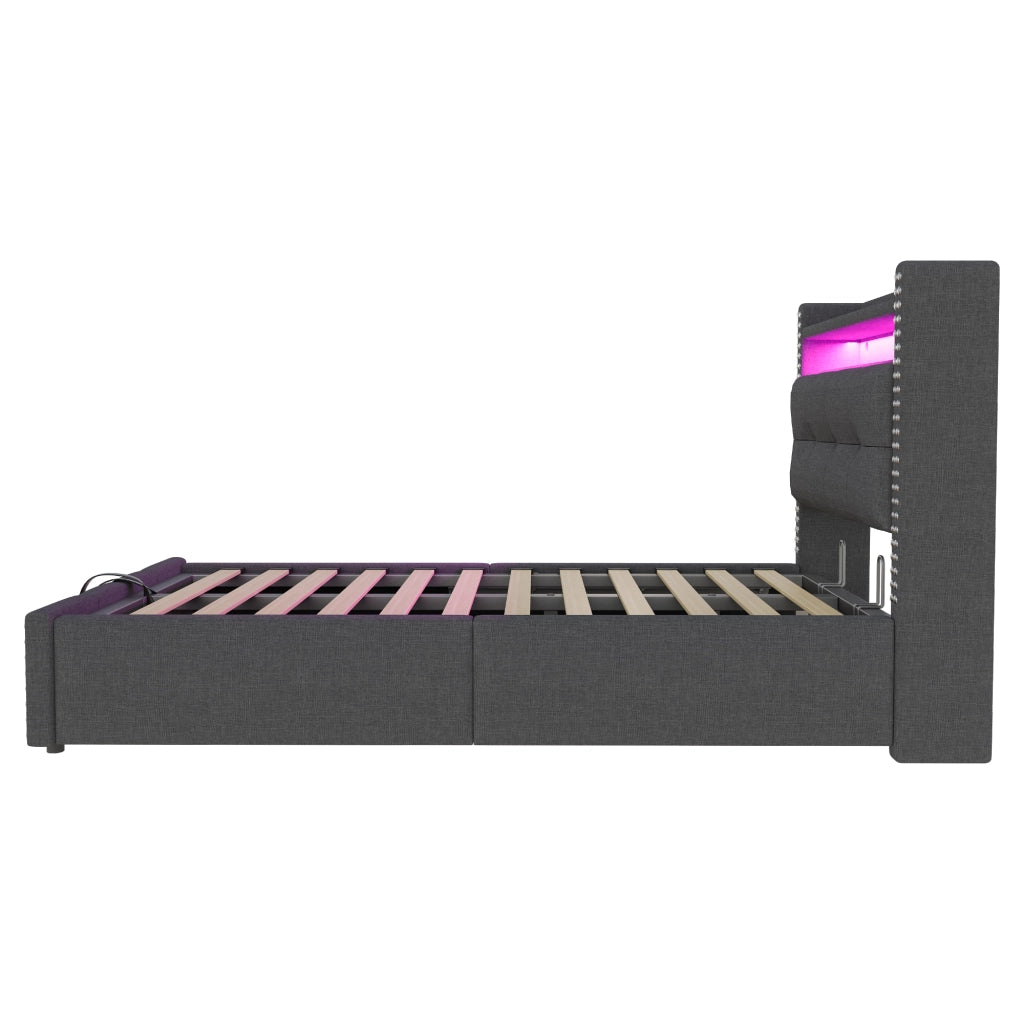 Letto imbottito bambino singolo 90×200 cm con contenitore LED USB e ripiani in testiera senza materasso grigio