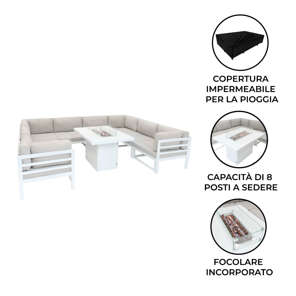 Set da Giardino Modulabile Bianco 9 Pezzi con Divano, Tavolo e Braciere da Esterno