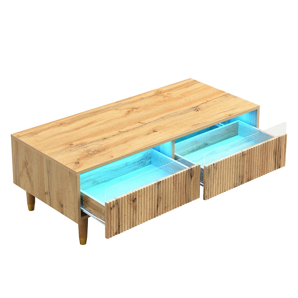Tavolino-Xylo-Piano ondulato LED piedi legno dorato 2 cassetti