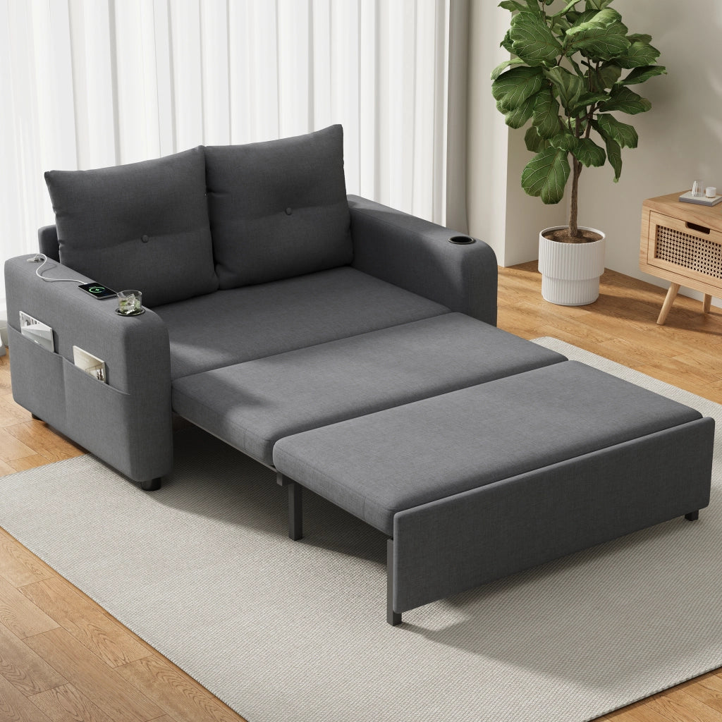 Divano letto 2 posti - con funzione letto; portabicchieri e USB - in cotone lino grigio