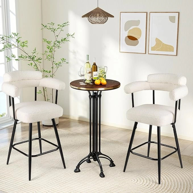 Set di 2 Sgabelli da Bar Girevoli, Sedie Imbottite in Boucle con Schienale, Braccioli Curvi, Gambe in Metallo e Poggiapiedi, Portata 150 kg, per Isola Cucina, Caffè e Pub (Bianco)