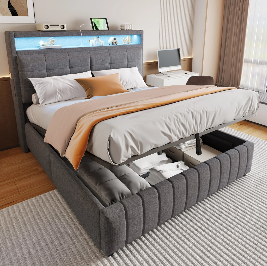 Letto imbottito 160x200 cm con LED, USB e contenitore idraulico