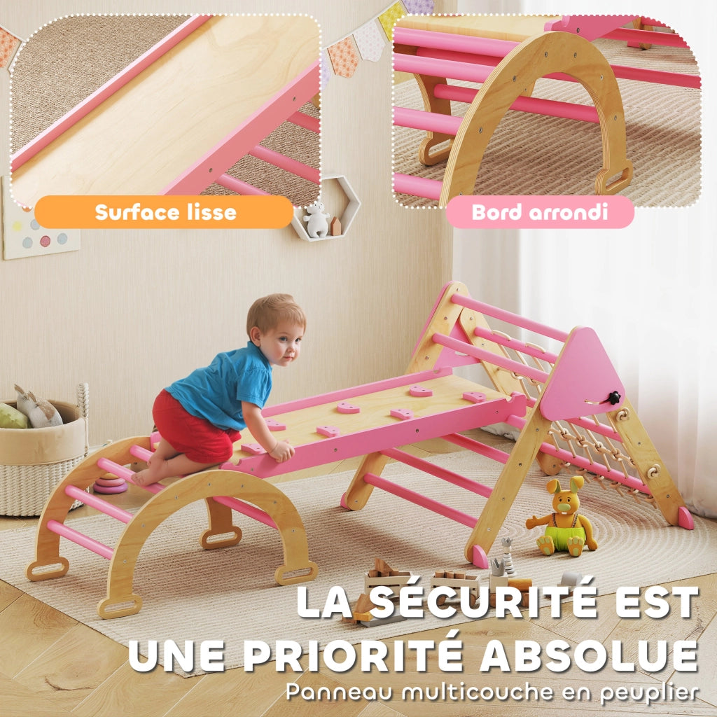 Triangolo arrampicata bambini 8 in 1 con rampa, arco in legno con scivolo e scala ¨C Xylo ¨C rosa
