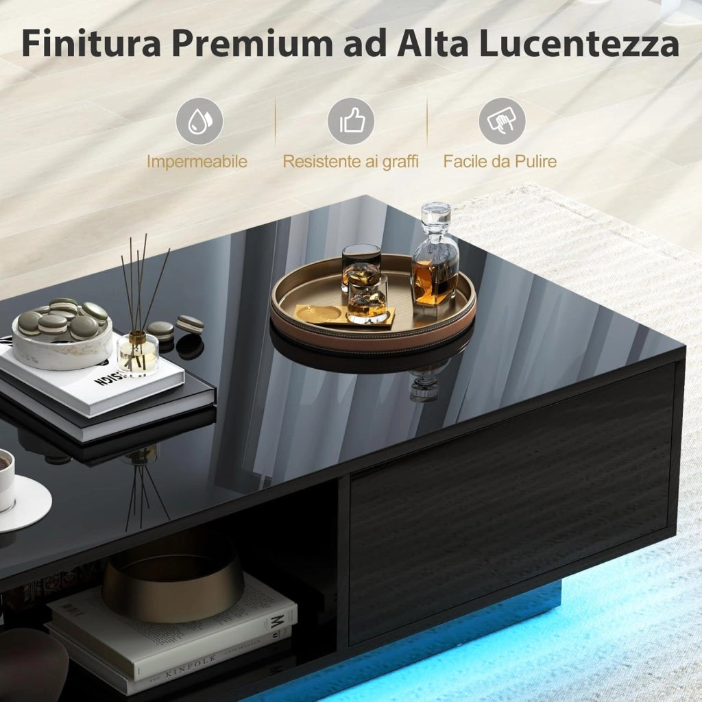 Tavolino da Salotto in Legno, Tavolino Moderno e Rettangolare con 20 Colori di Luci a LED, Telecomando, Cassetto e Ripiano Aperto, Tavolino per Studio e Ufficio (Nero)