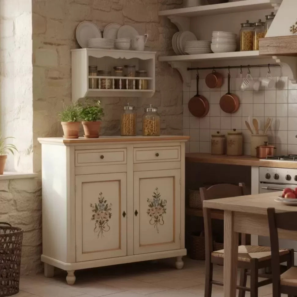 Madia credenza 2 porte avorio patinato shabby con decori 104x43x98 - Mobili 2G