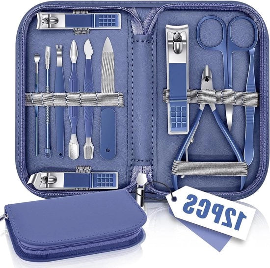 Kit di Manicure e Pedicure Professionale per Donne e Uomini - Attrezzatura e Accessori con Trolley in Pelle Blu.