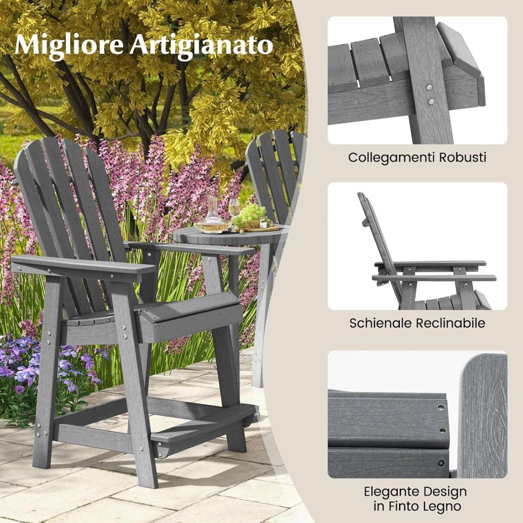 Sedia da Bar per Esterni, Sedia in HDPE con Braccioli, Sedia da Giardino con Poggiapiedi, Sedia con Schienale Alto per Esterno, Bordo Piscina, 70 x 85 x 119 cm (Grigio)