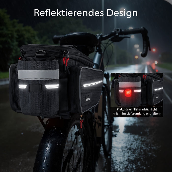 Borsa per portapacchi posteriore bici espandibile fino a 20 L grigia, impermeabile e multiuso, scomparto laptop ed elementi riflettenti