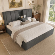 LETTO Contenitore 180x200 cm in lino grigio con USB e portabicchieri