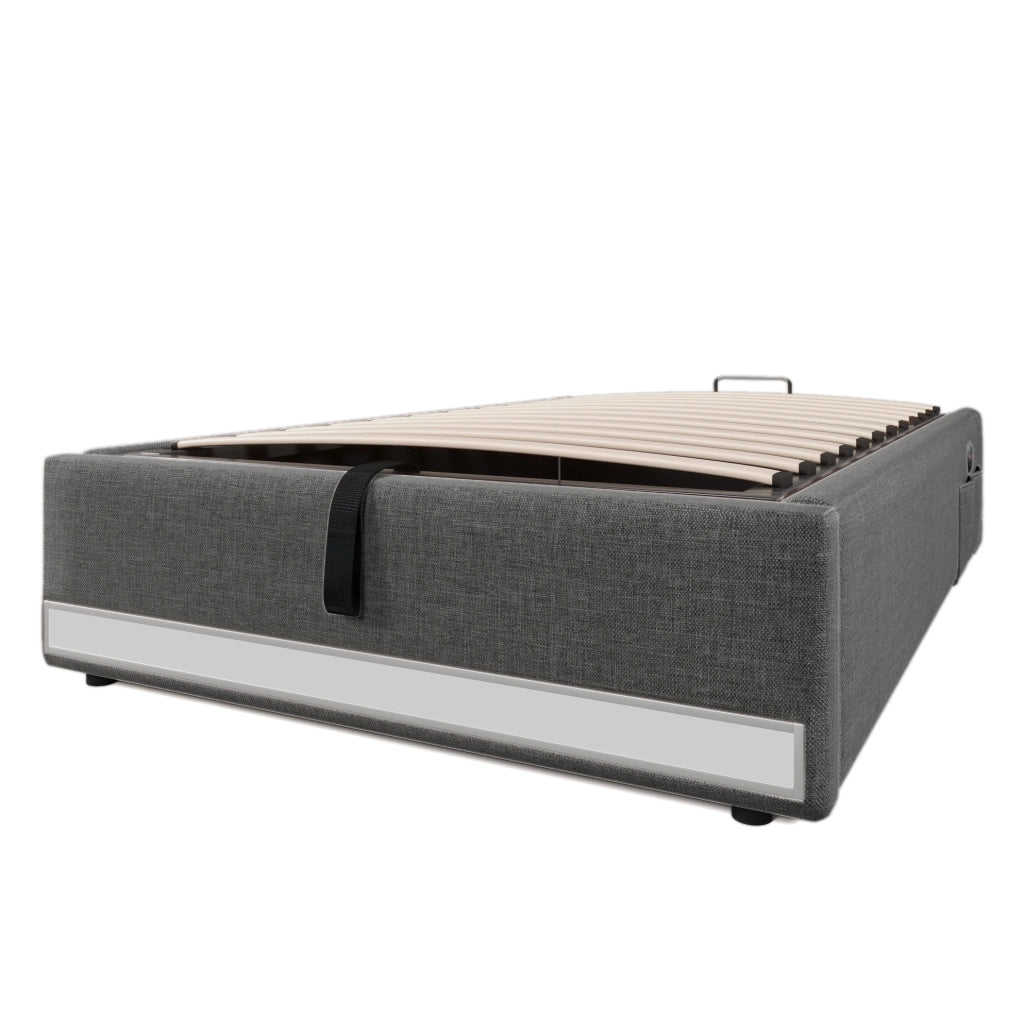 Letto imbottito 90x200 cm senza testiera in lino grigio con LED; USB e porta Type-C; contenitore idraulico